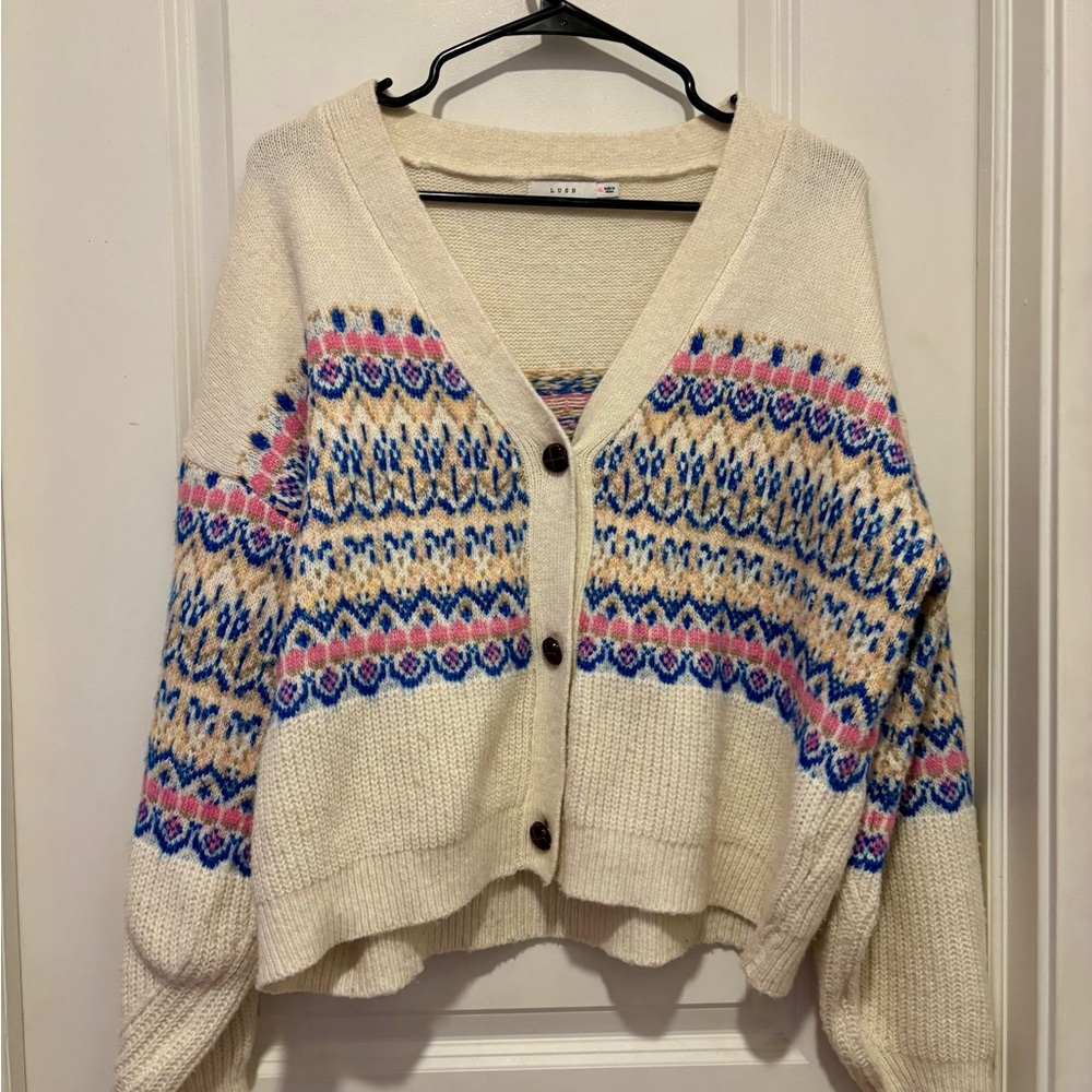 Lush Cream Cardigan with Blue and Pink Accents